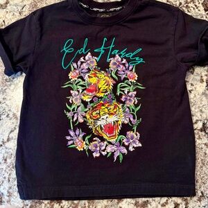 Ed Hardy Kids Black Tee with Tiger and Floral Design